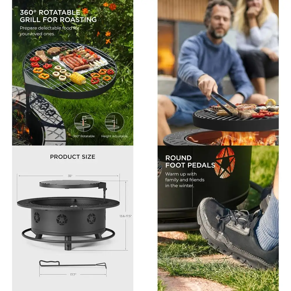 

Круглая уличная печь-костровище 35 дюймов с грилем для барбекю, решеткой для сжигания дров и приготовления пищи, стол для костра на заднем дворе/патио