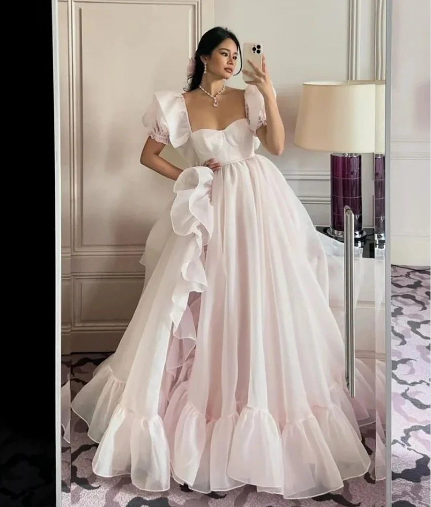 

Customized Graceful Tulle A-Line Ruffles Evening Dress High Quality Sweetheart Short Sleeves Floor Length Celebrity Gowns