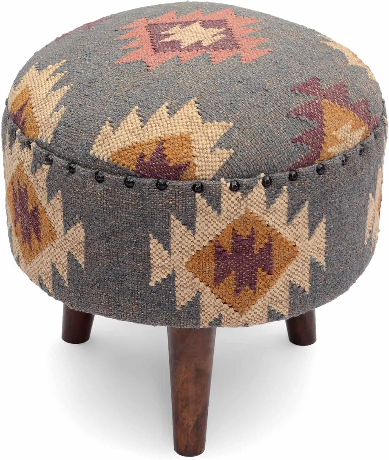 Handmade Kilim Jute Pouf Ottoman Stool | Round Upholstered Seating with Acacia Wood Base | Decorative Foot Rest for Living Room,