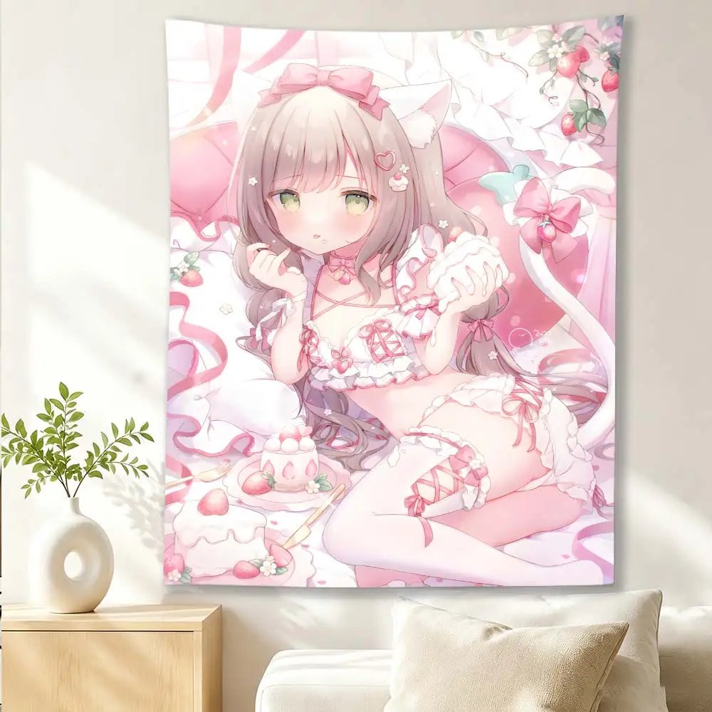 Kawaii Strawberry Cat Ear Anime Girl Tapestry, Pink Sweet Lolita Wall Hanging Cloth, Aesthetic Bedroom Dorm Background Wall Deco