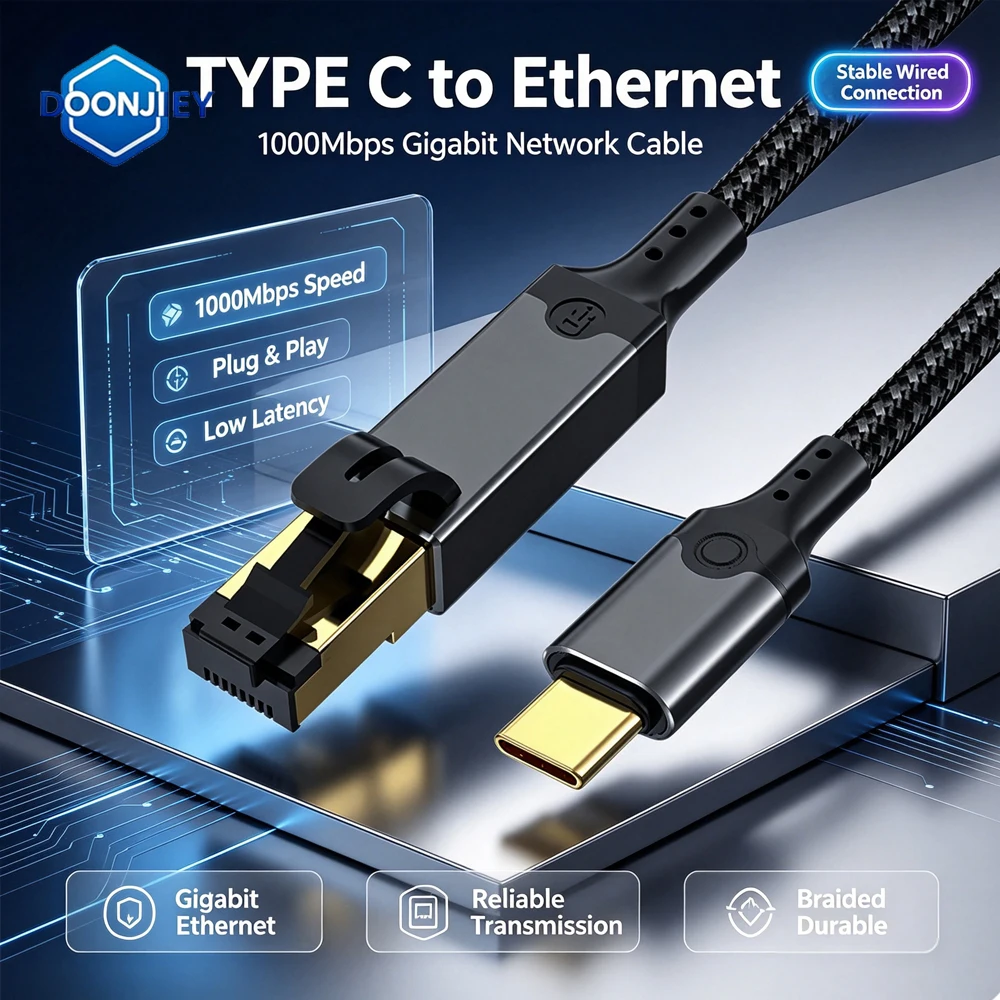 DOONJIEY 10/100/1000Mbps USB C to Ethernet Cable USB3.0 Type C to RJ45 Gigabit LAN Network Converter Adapter Cable CAT6 Cable