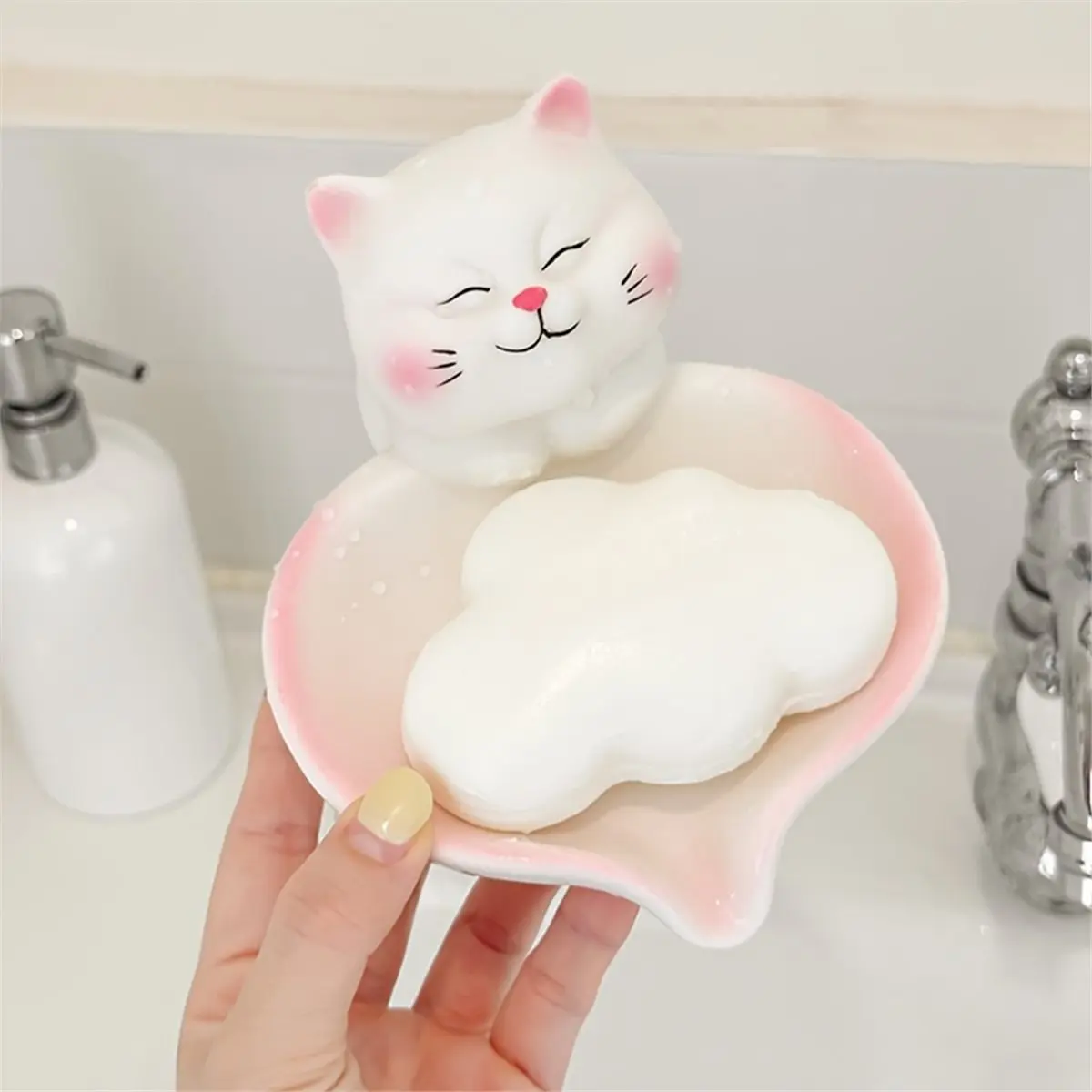 L! DT390^1pc Cute Cat Soap Dish-Bathroom Countertop Organizer with Drainage, Non-Slip Base,Pastel Pink & White Decor-Soap Holder