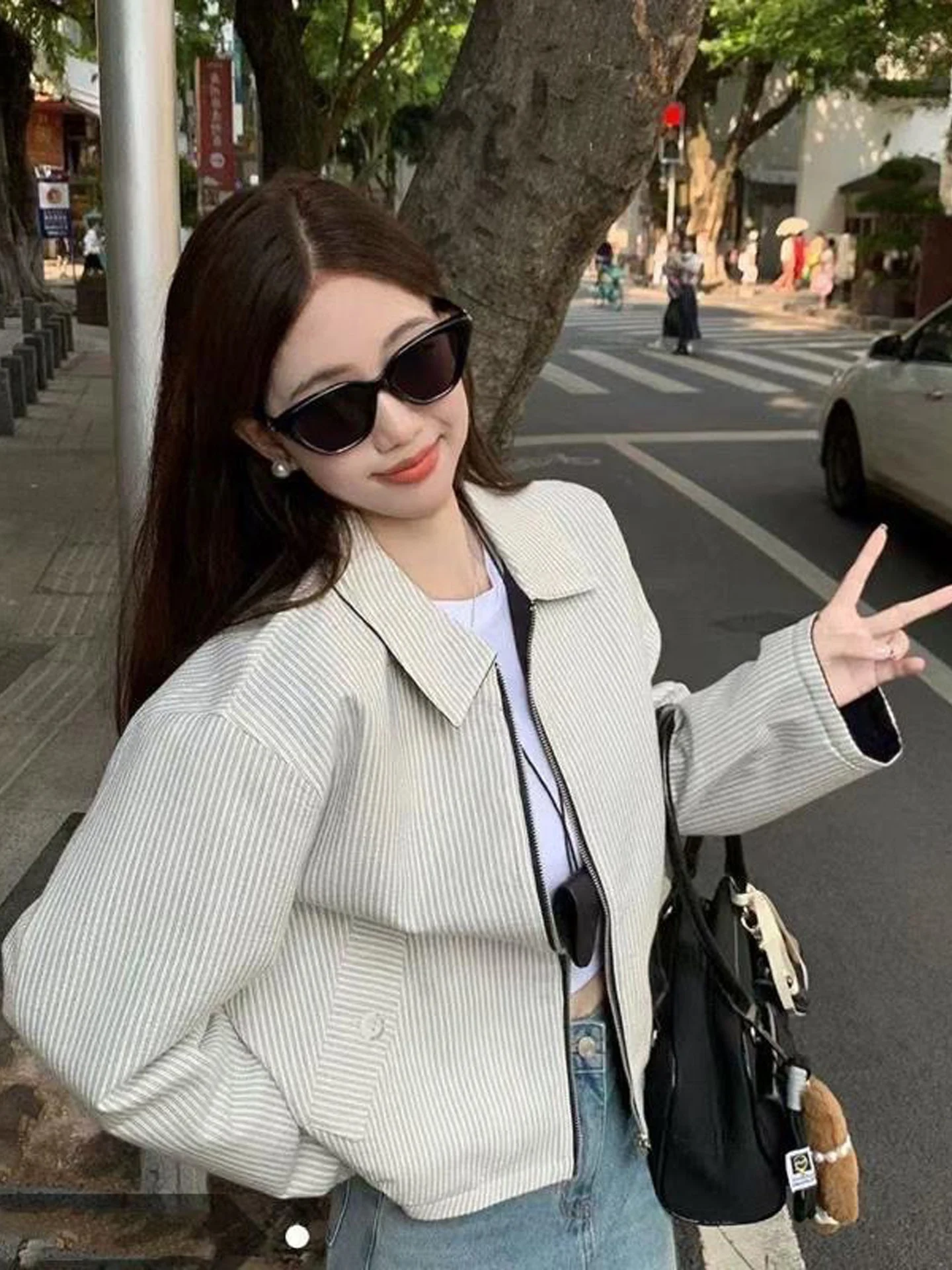 Double-Sided Wear Striped Loose Casual Women's Jacket Coat Vintage Design Fall New Style Outdoor Windproof Short Sleeve Zipper