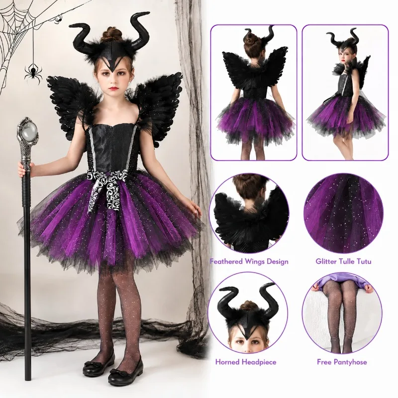 Maleficent Halloween-Kostüm für Mädchen, glitzerndes Tüll-Tutu-Kleid, böse Königin, Hexe, Prinzessin, Cosplay-Outfit für Karnevalsparty, Verkleidung