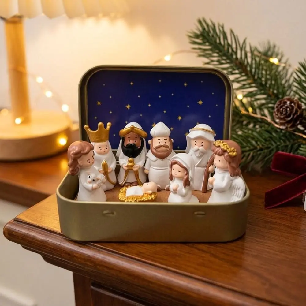 Holy Family Nativity Manger Scene Kit Hand Painted Star Liner Mini Christmas Nativity Set Shepherd Animal Cartoon