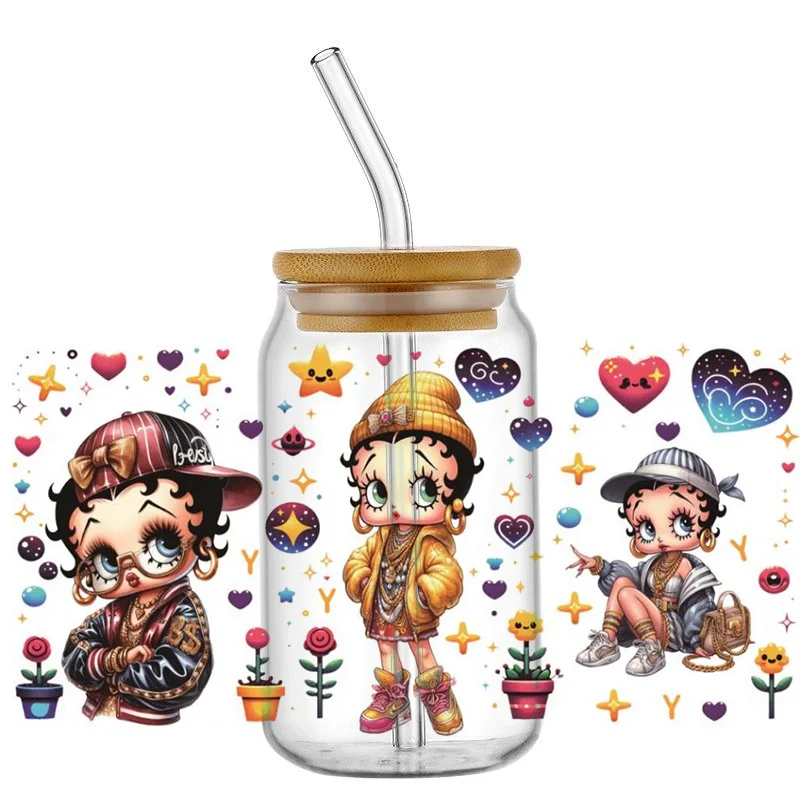 Miniso 3D Modern Girl Decal Wrap Stickers Waterproof UV DTF Cup Mug Wraps Sticker DIY 3D Wrap Decal For 16oz Libbey Glass