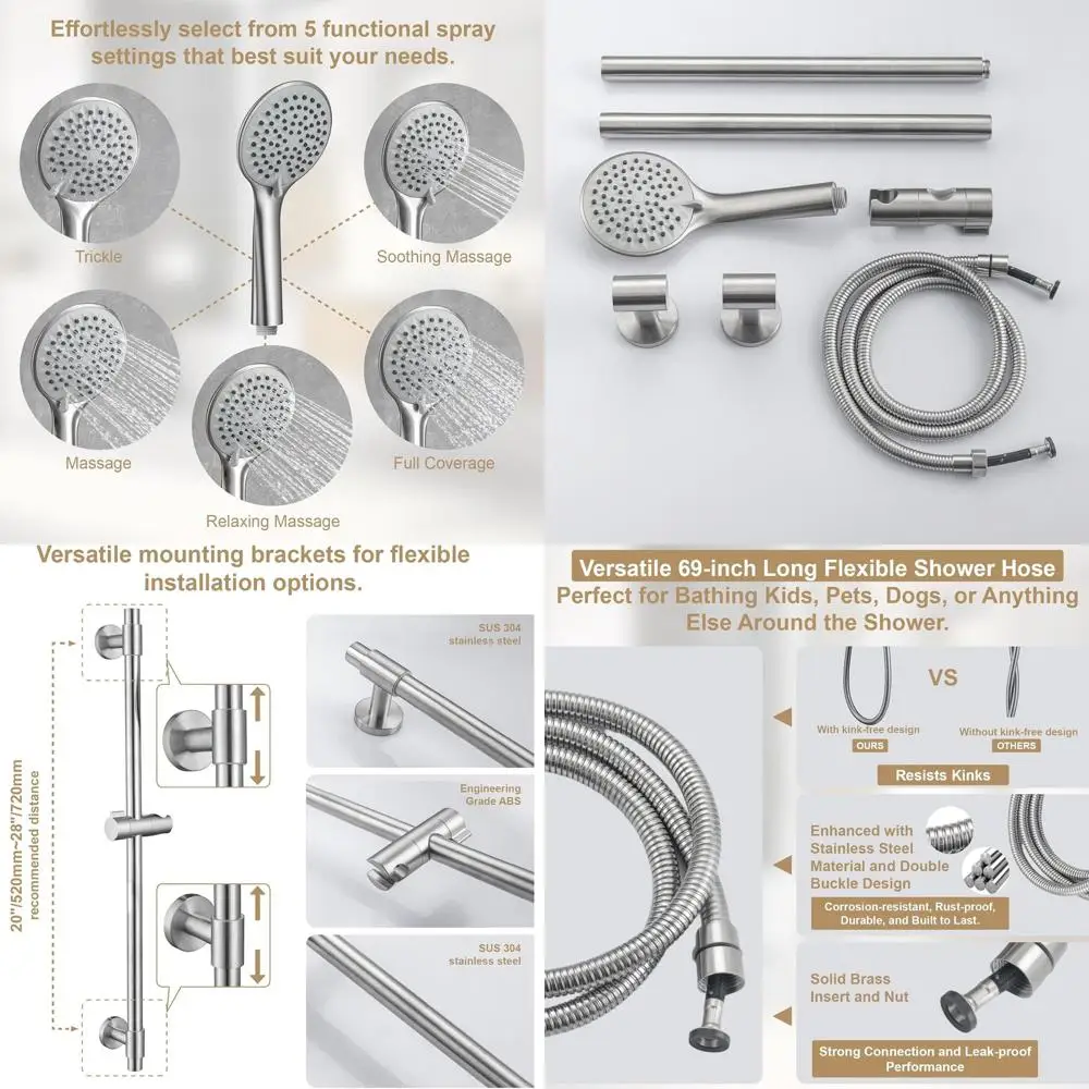 

5-Function Handheld Shower with Adjustable Slide Bar in Brushed Nickel Stainless Steel
