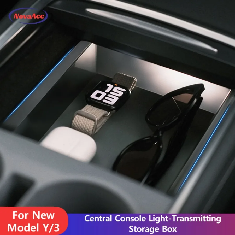 

Central Console Light-Transmitting Storage Box For Tesla Model Y Juniper 2021-2026 Model 3 Highland 2021-2025 Silicone Pad Tray