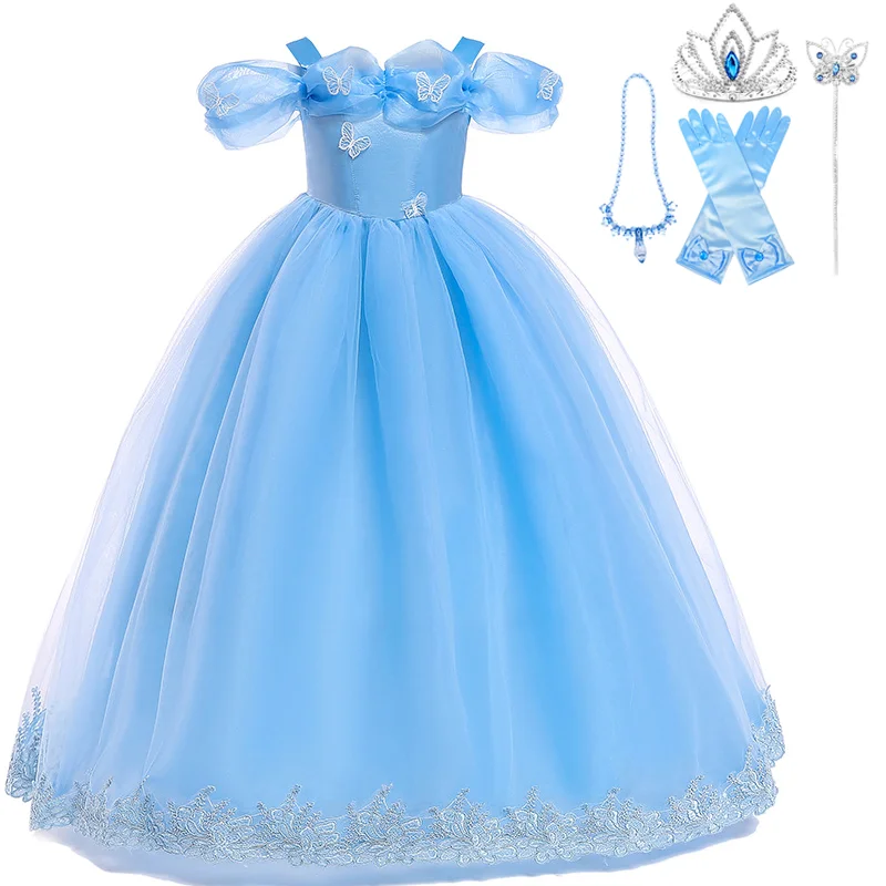 

Girls Princess Dress Up Costume Butterfly Gown+Crown+Wand+Earrings+Necklace+gloves For Kids Carnival Halloween Birthday Party