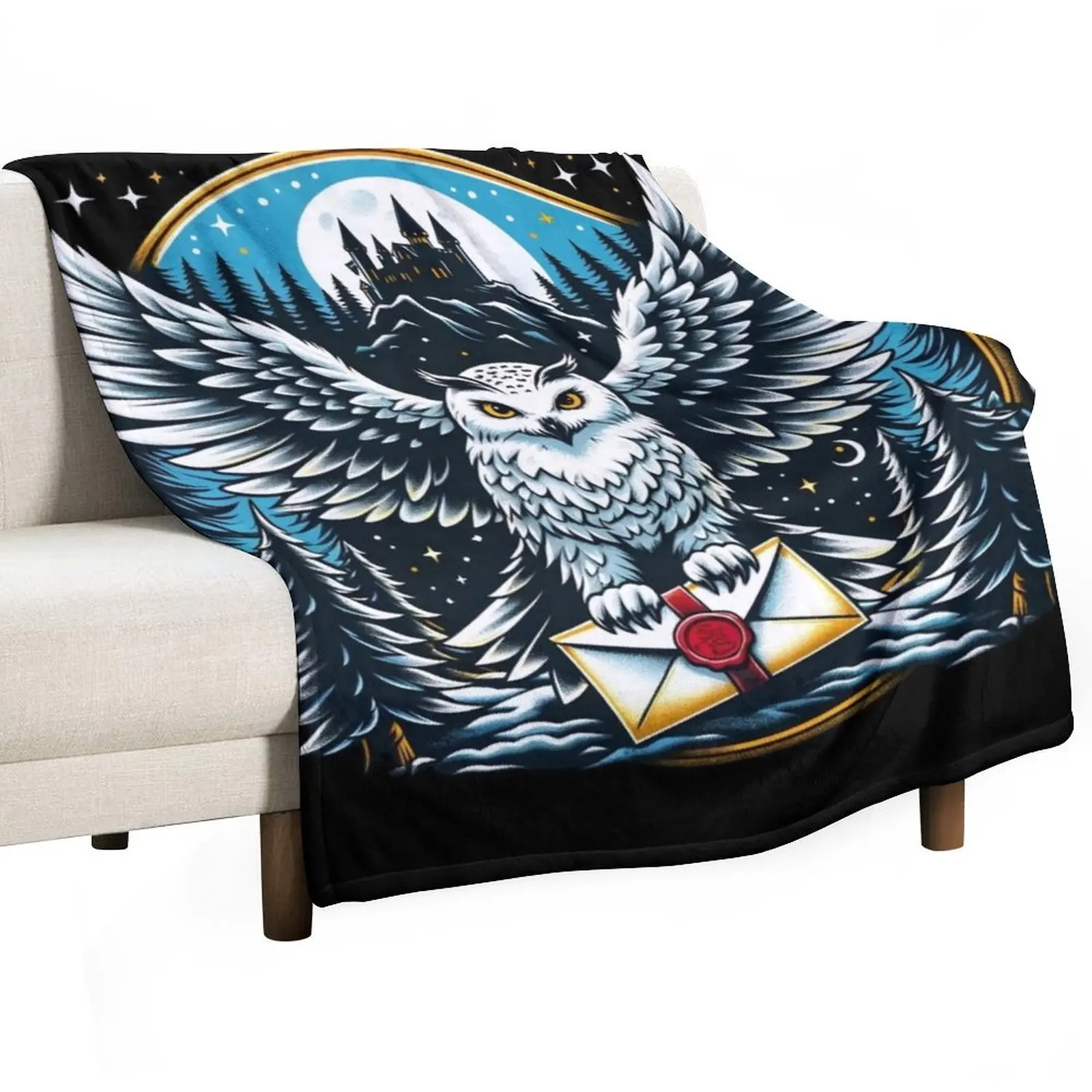 

An Owl Messenger in a Mystical Night - Fantasy Throw Blanket Luxury Designer Comforter Blankets