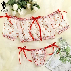 Off Shoulder Lingeries For Woman Sweety Tulle Sexy Underwear Set Strawberry Print Ruffle Bra Tops Thong Panty Beach Underwear