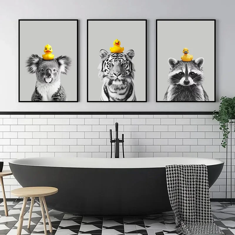 Chimp Elephant Tiger Highland Cow Raccoon Panda with Rubber Duck Poster Bathroom Wall Art Canvas Painting Home Decor Cuadros