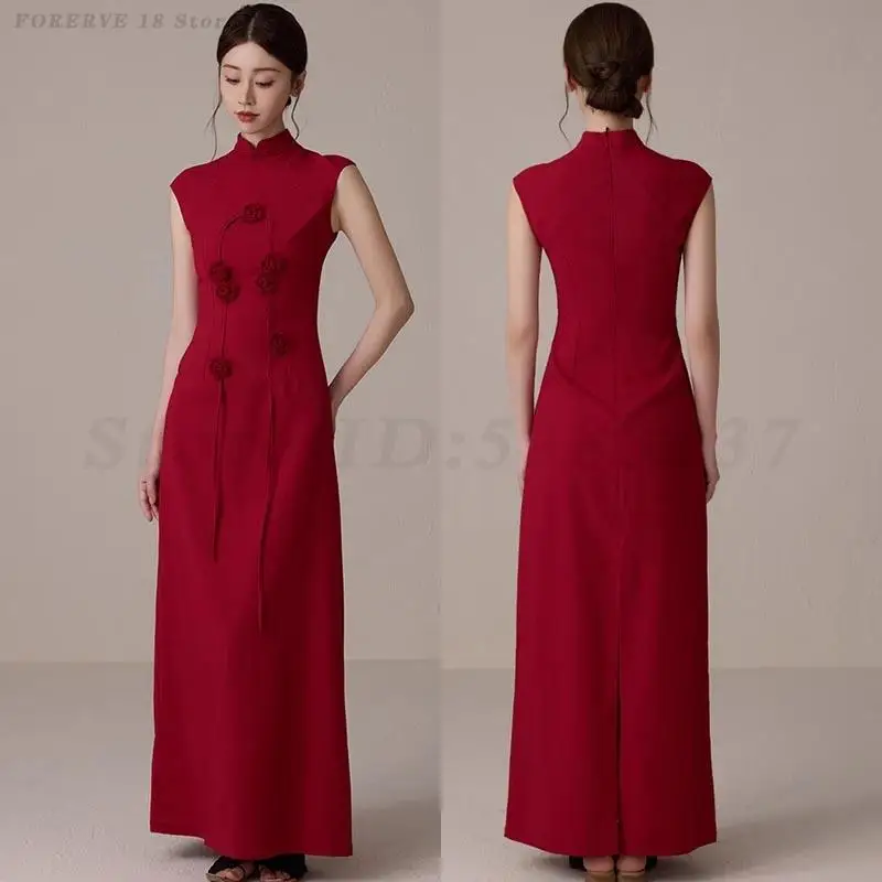 

Новое красное обручальное платье в китайском стиле, женское элегантное платье Cheongsam без рукавов для невесты, свадебной вечеринки, Qipao, банкетное платье, Vestidos