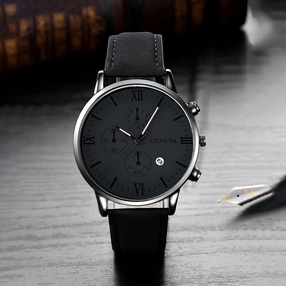 1pc Men\'s Black PU Strap Calendar Casual Quartz Watch