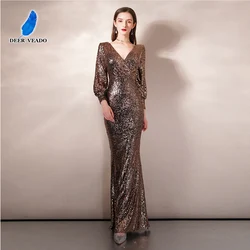 DEERVEADO Elegant V Neck Mermaid Sequins Evening Dress Long Formal Occasion Party Maxi Dress Evening Gown 16255