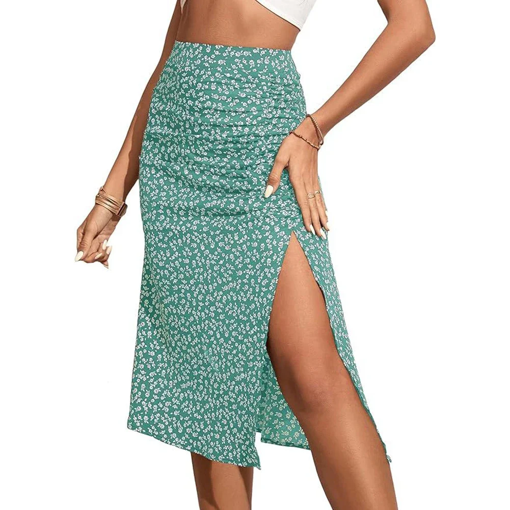 Summer Beach Women A-line Floral Skirt Trendy Thin Mid-waist Garment Midi Skirt