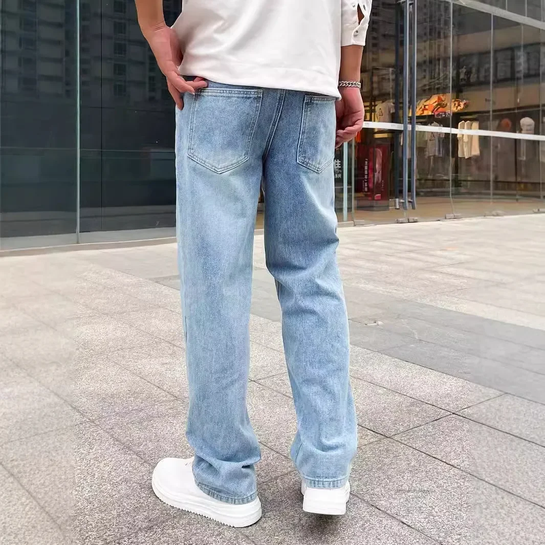 팝 포시즌스 신상 남성 캐주얼 트렌디 워싱 라이트 블루 솔리드 컬러 루즈핏 청바지 스트레이트 데님 팬츠 남성용
