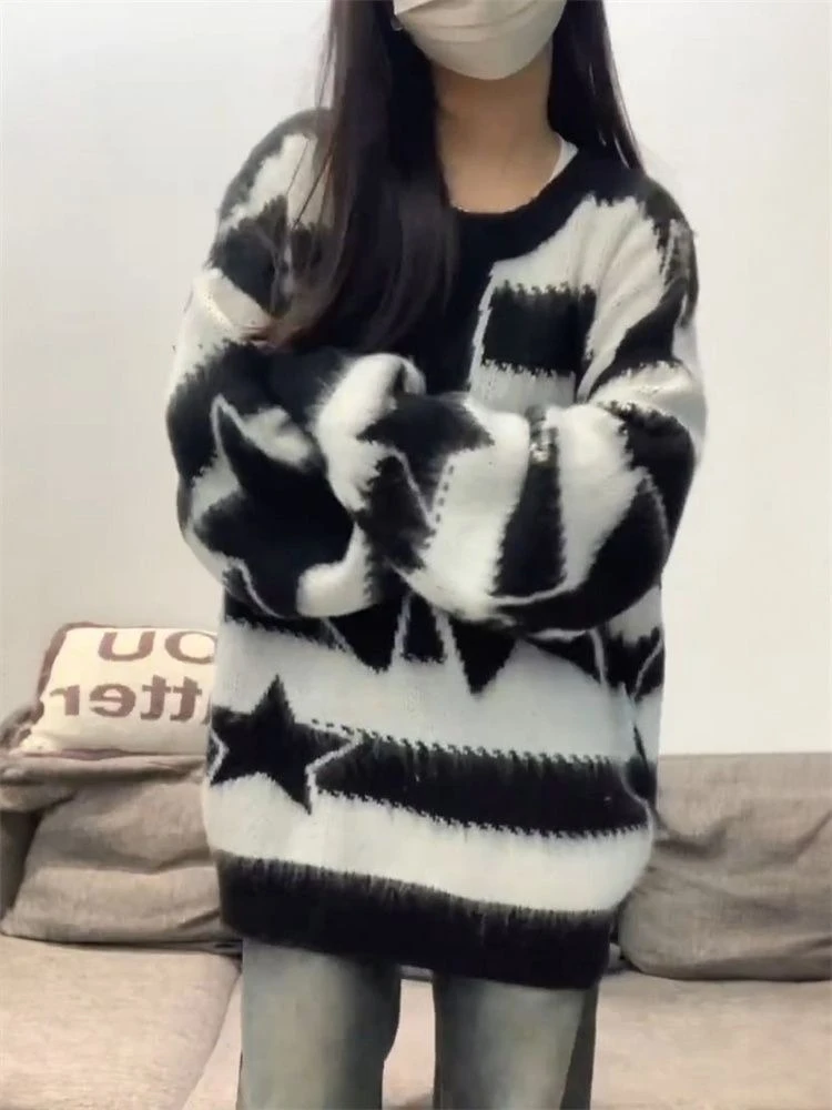 

Japanese Style Vintage Stripe Sweater Knit Patchwork Long Sleeve Subculture Star Pattern Fashion Casual Pullover Woman Autumn
