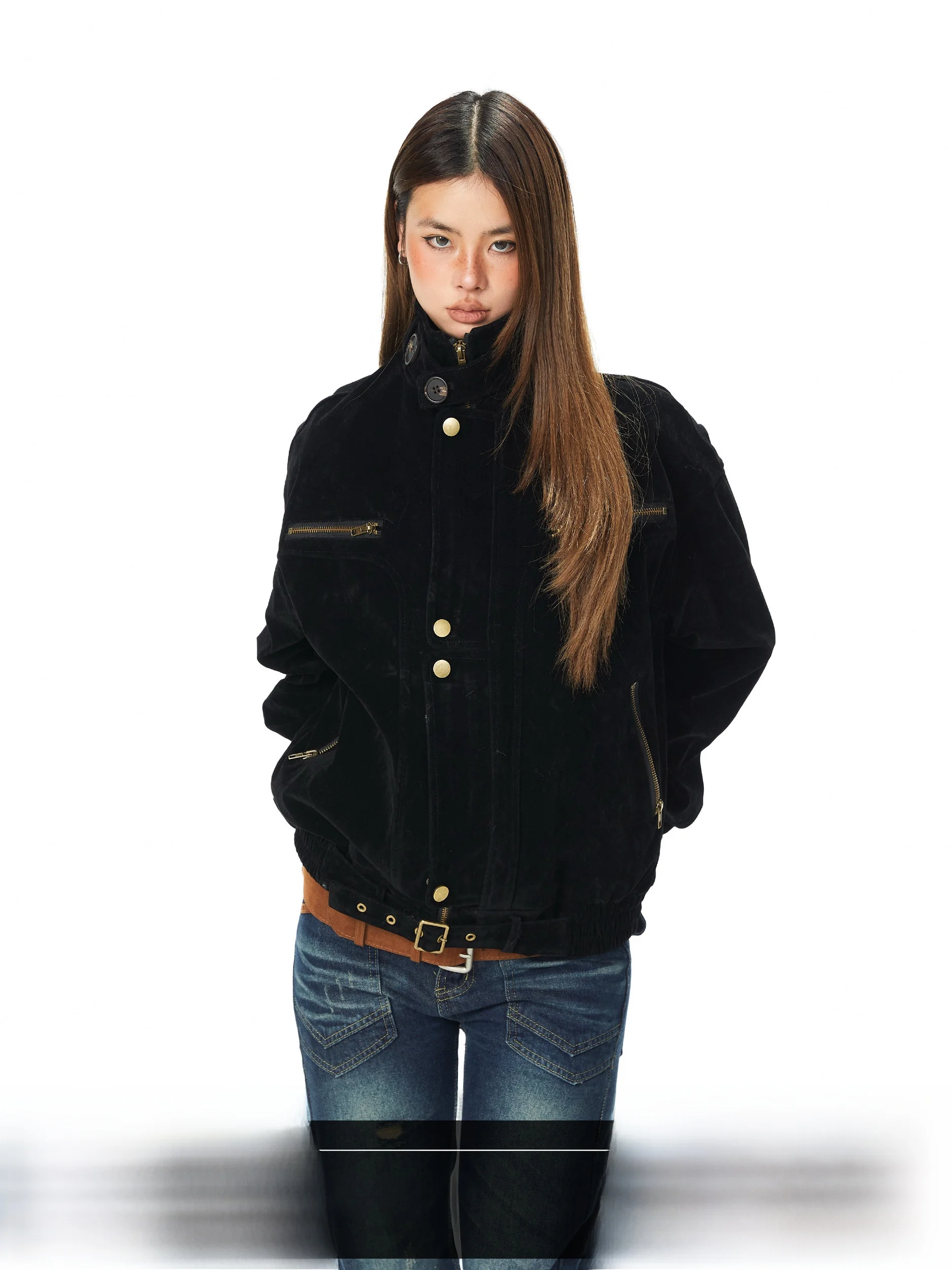

Blackbb Casual Loose Suede Workwear Jacket Women's Spring Autumn American Style Short Outerwear Zipper Decorated Polyester Fiber