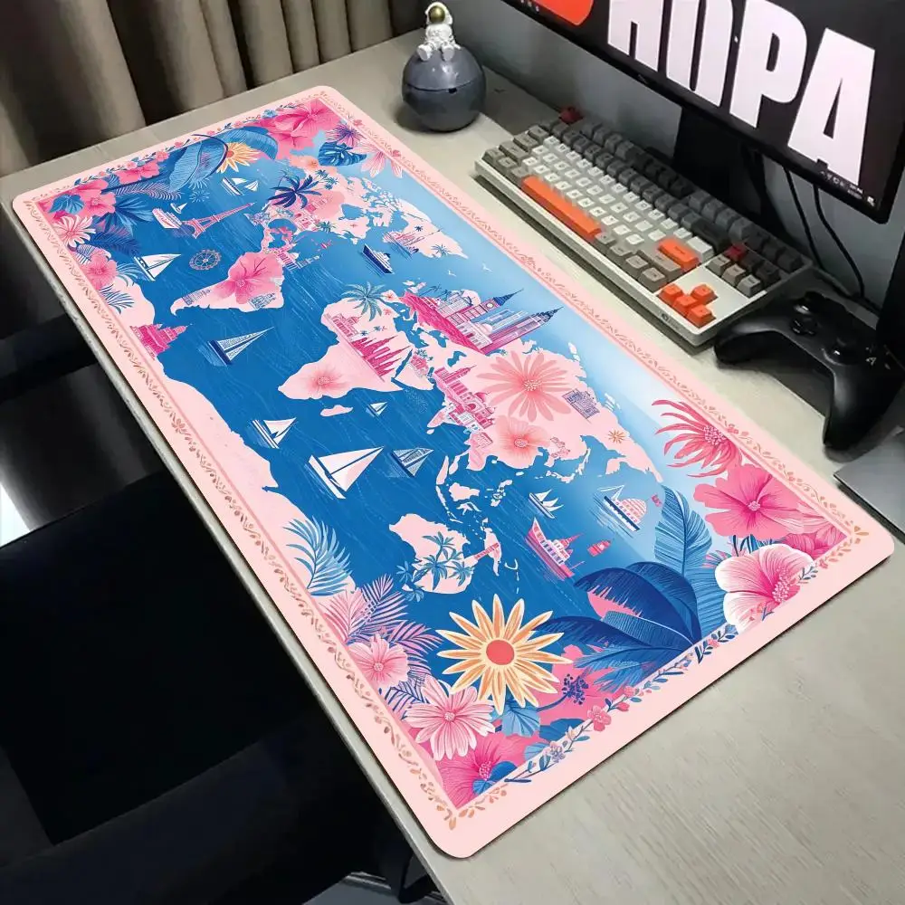 Elegant Floral Map Mouse Pad Desk Mat with Stitched Edge XXL Mousepads Rubber Anti-slip Gamer Keyboard Rug Gaming Mats Mauspad