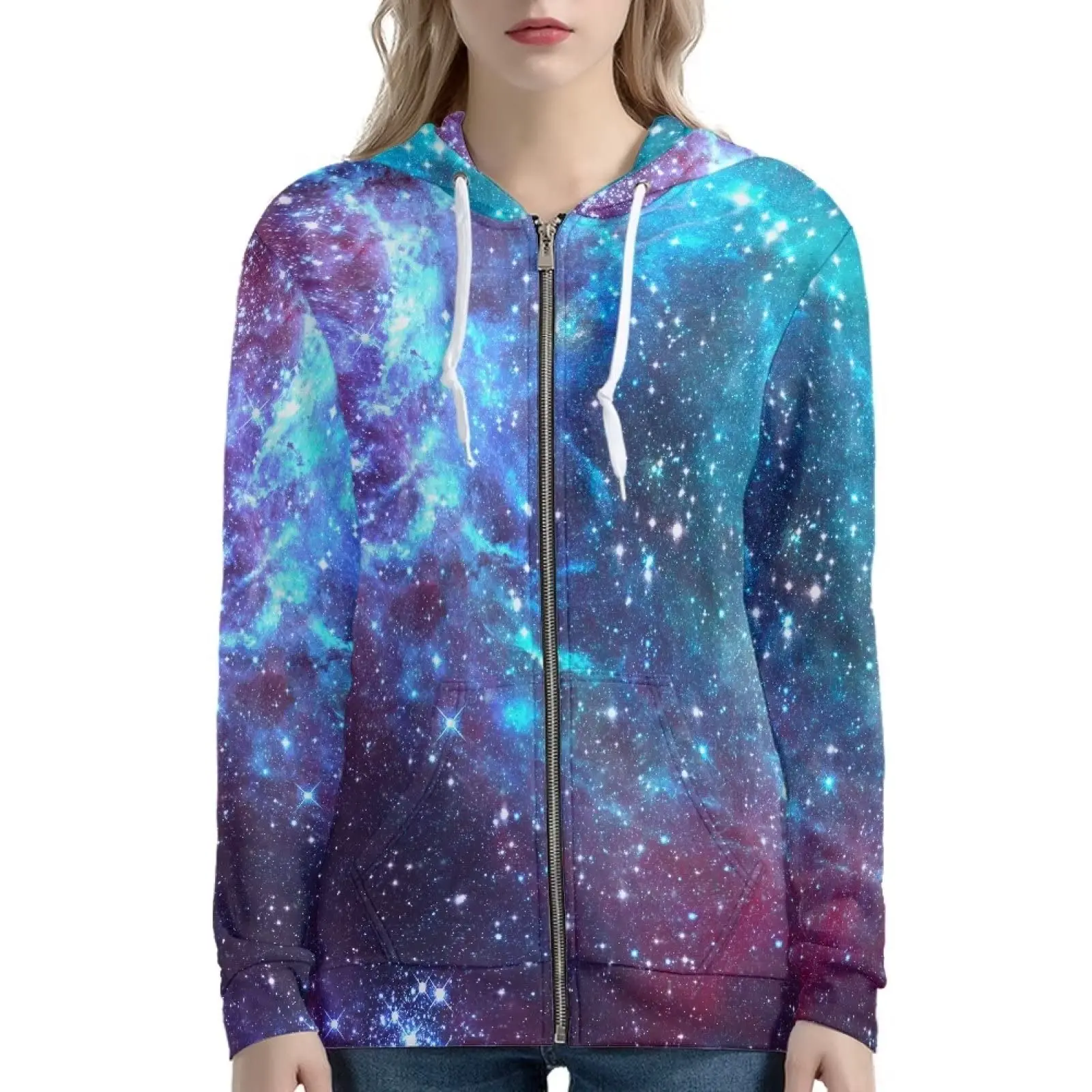 Fashion Womens Hoodies Colorful Cosmic Sky 3D Printed Pockets Coats Zip Up Hoodie Harajuku Long Sleeve Streetwear Men Clothing