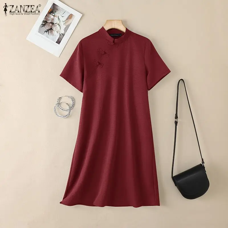 Vestido Vintage de verano con cuello mandarín para mujer, vestidos de manga corta de Color sólido hasta la rodilla, vestidos informales ZANZEA para mujer