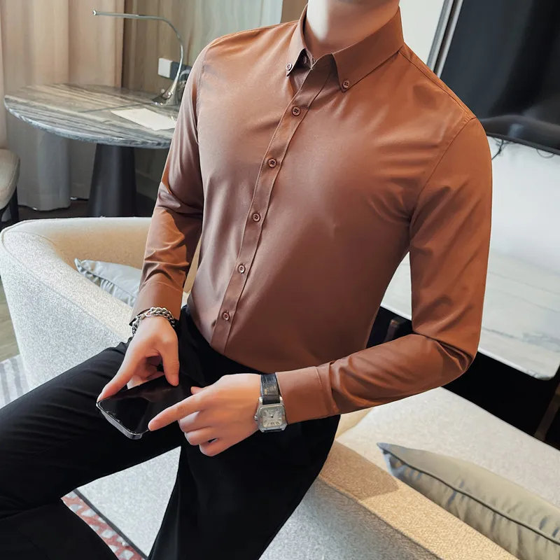 

High quality handsome casual youth business non-ironing long sleeve shirt casual solid color matching shirt men Four Seasons