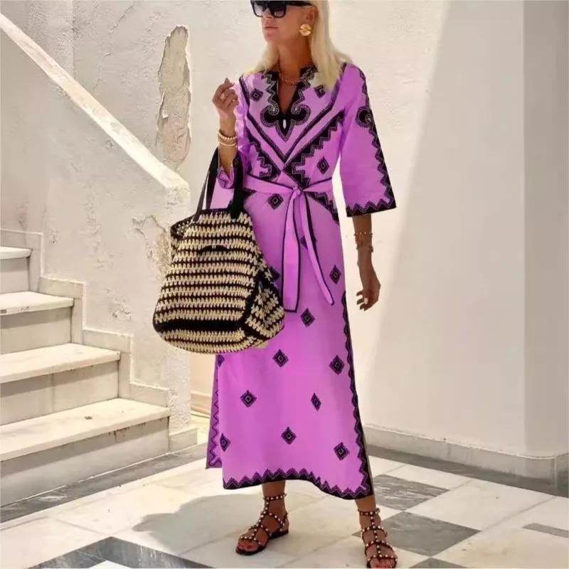 2025, dames lente herfst nieuwe modieuze bedrukte tailleband riem casual losse riem retro vijf minuten mouw lange jurk