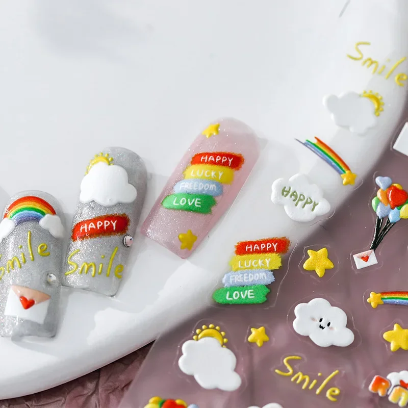 Bunte Regenbogen wolken ballons niedlichen Cartoon neue 5d weiche geprägte Relief selbst klebende Nail Art Aufkleber schöne 3D-Maniküre Aufkleber