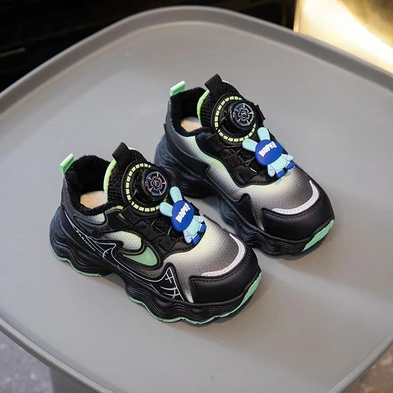 Kids Waterproof Fleece Lined Sneakers Rotating Buckle Winter Shoes for Boys Girls Chunky Sport Casual Boots Toddler