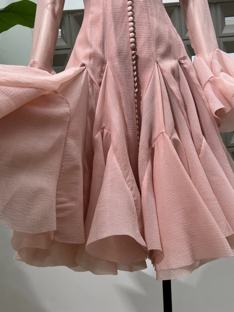 فستان ميدي مثير بياقة دائرية وأكمام طويلة غير منتظمة بطيات مرقعة للنساء فساتين ضيقة بأكمام مضيئة وردية اللون وحفلات الكوكتيل #6