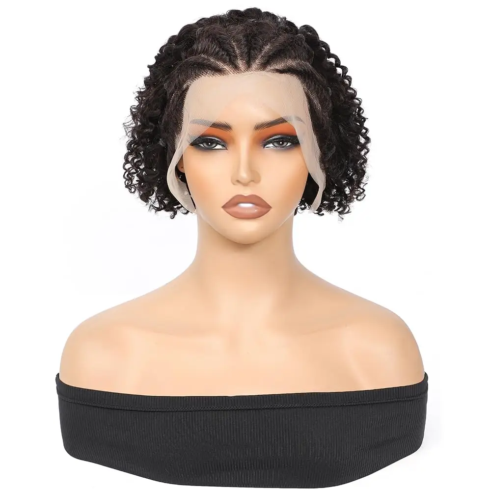 Braided Lace Front Wigs For Black Women Braided Curly Human Hair Wigs Fully Handmade Braided Wig Pixie Cut 13x4 Curly Bob Wig