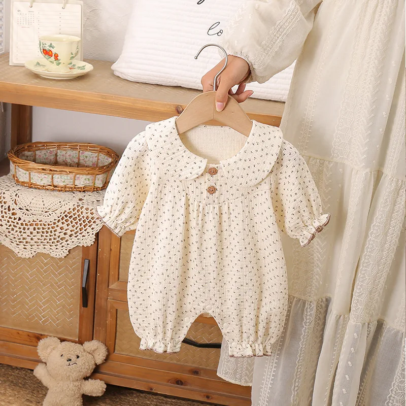 Spring Style Bubble Cream Single Layer Long Sleeved Jumpsuit Home Baby Hoodie Crawling Clothes Childrens Clothing
