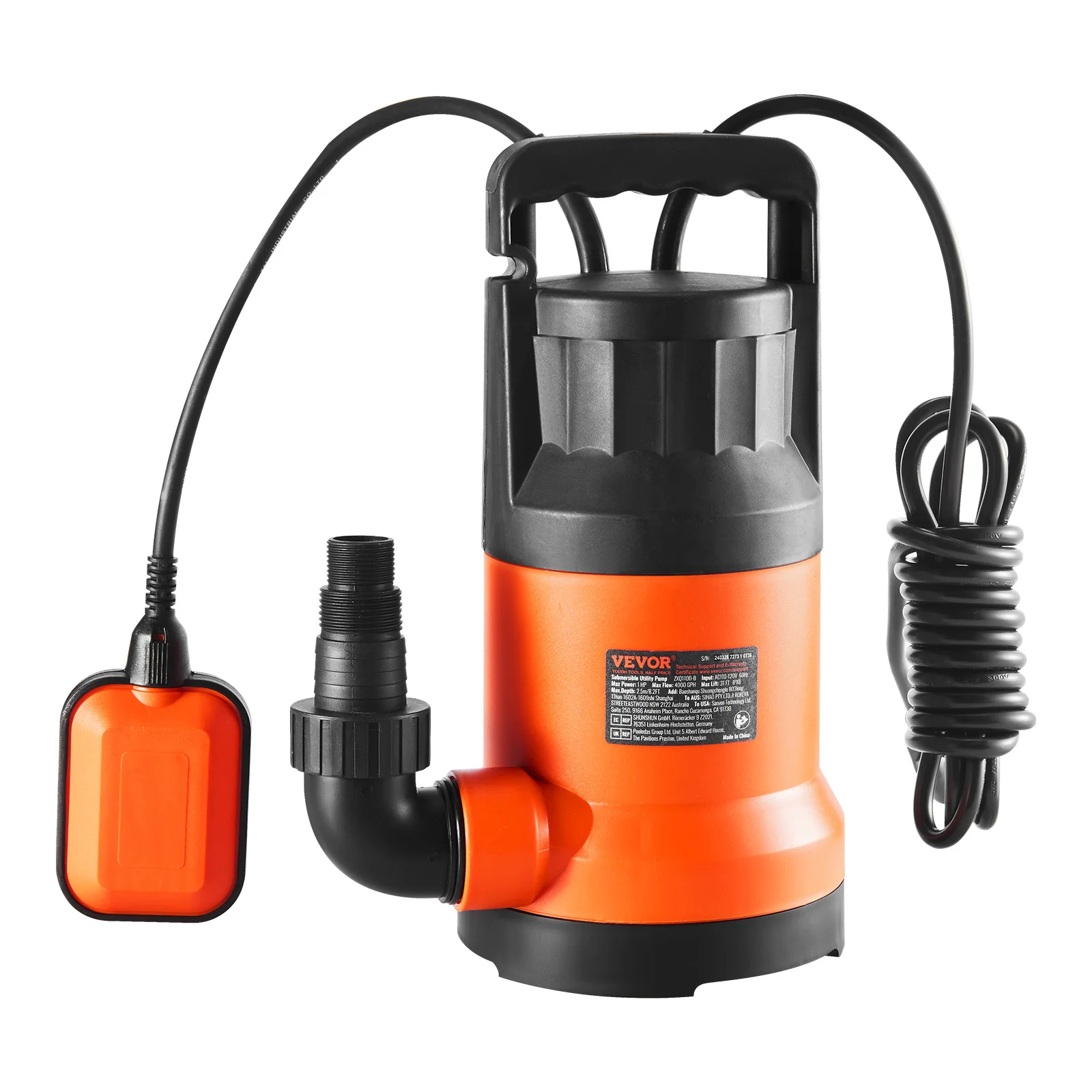 VEVOR Utility Pump 400W 2510 GPH 26 ft Head Sump Pump Submersible Water Pump with 10 ft Long Power Cord for Draining Water Use