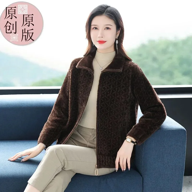 2024 outono inverno nova mãe camisola feminina curto vison veludo casaco feminino de meia idade jaqueta solta zíper com cardigan outwear