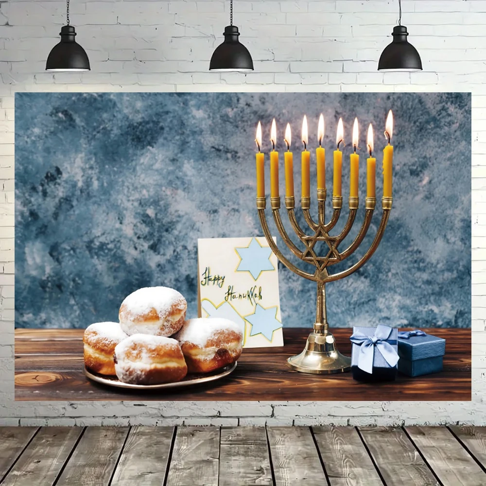 Happy Hanukkah Backdrop Jewish Jesus Passover Bread Candles Candlestick Party Decor Photography Studio Shooting Props Banner