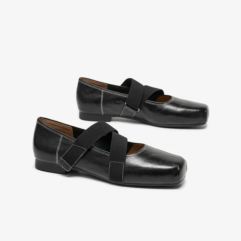 BEAUTODAY Mary Janes Women Calfskin Leather Square Toe Hook Loop Retro Ballet Ladies Flat Shoes Handmade 28396