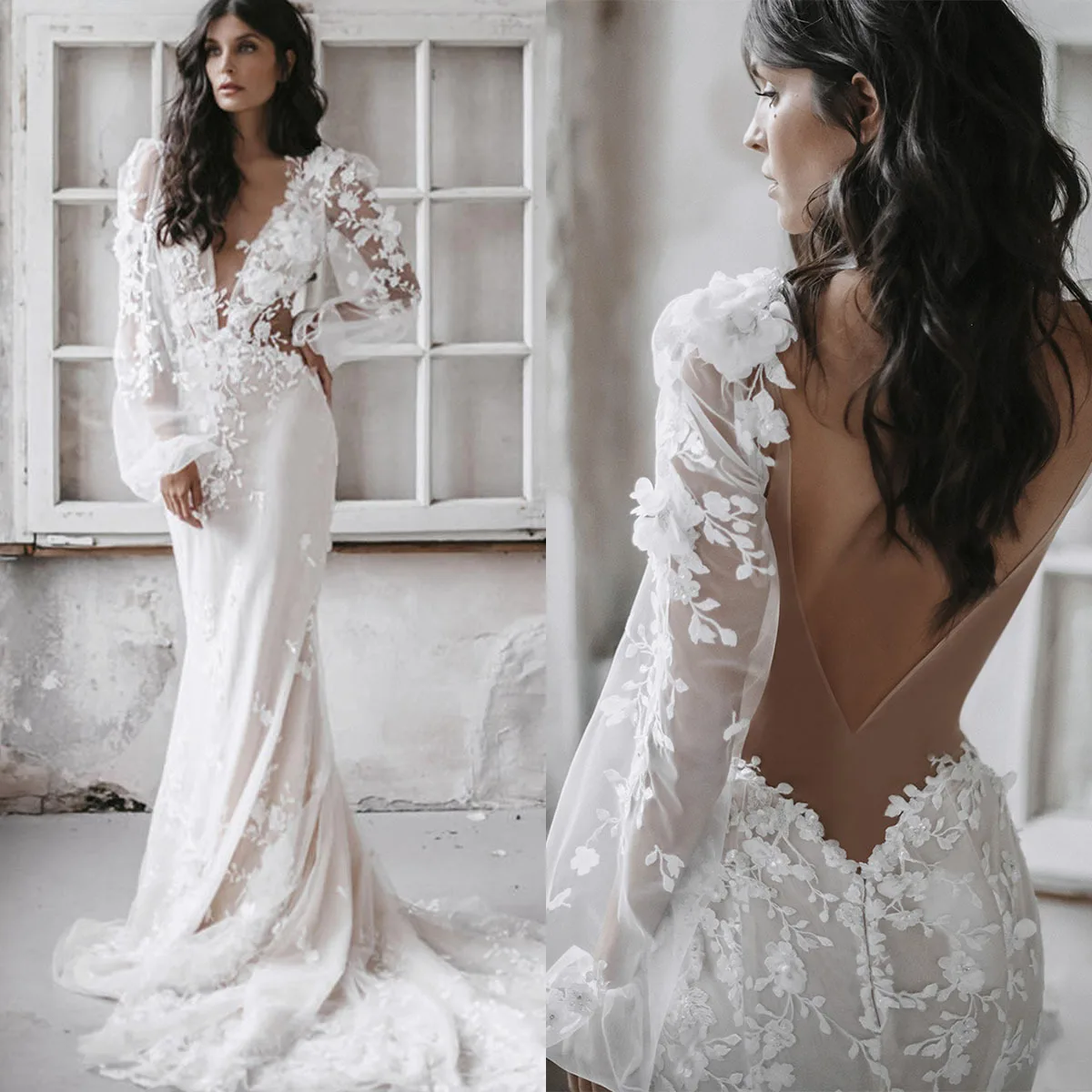 

Bohemia Mermaid Wedding Backless Long Sleeves Bridal Gowns 3D-Floral Appliques Illusion Bride Dresses Custom Made