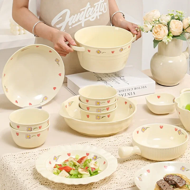 

Набор ветряной миски и блюда с цветным молочным маслом под глазурью, высококачественная керамическая миска для риса и блюдо для домашнего использования