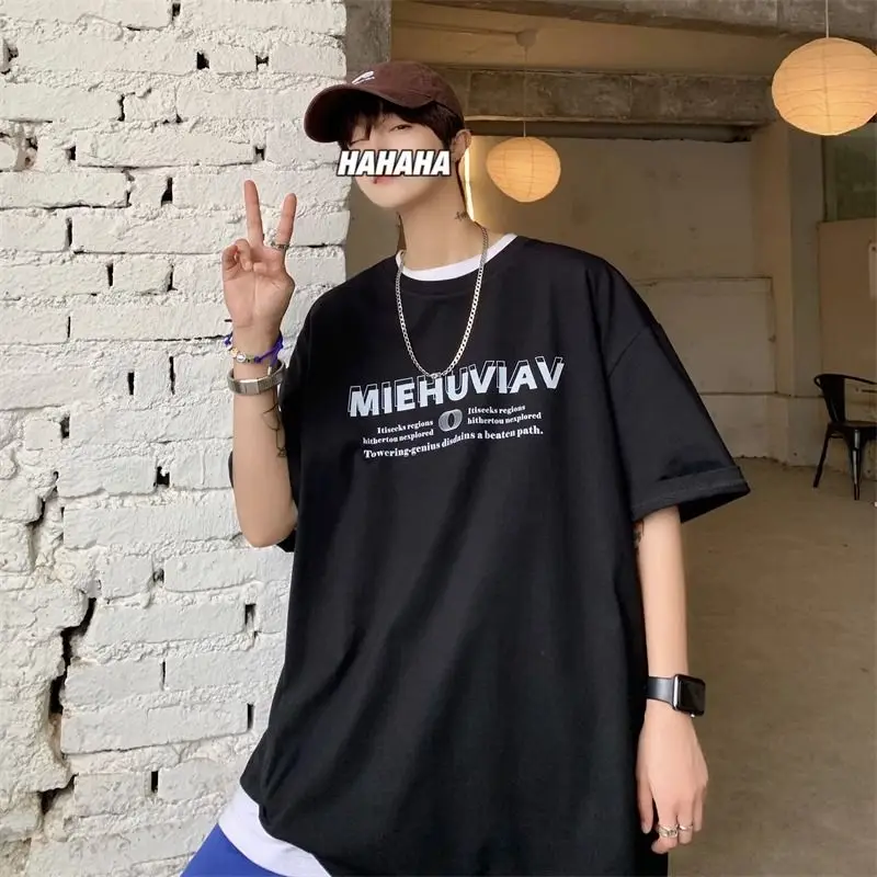 

American oil painting short-sleeved men's summer trend oversize trendy brand heavyweight t-shirts versatile large size y2k tops