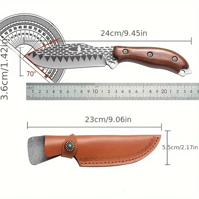 9.5 inch multi-purpose fruit knife, high carbon stainless steel 4mm thick, surface pattern, solid wood handle, outdoor tactical