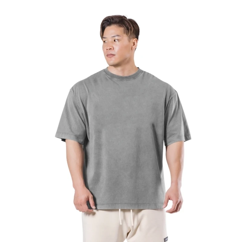 Washed T-Shirt 230G 100Cotton Solid Oversized Loose Fitness Mens Tee Tops Dropped Shoulders Short Sleeve Gym Bodybuilding Shirts image 3