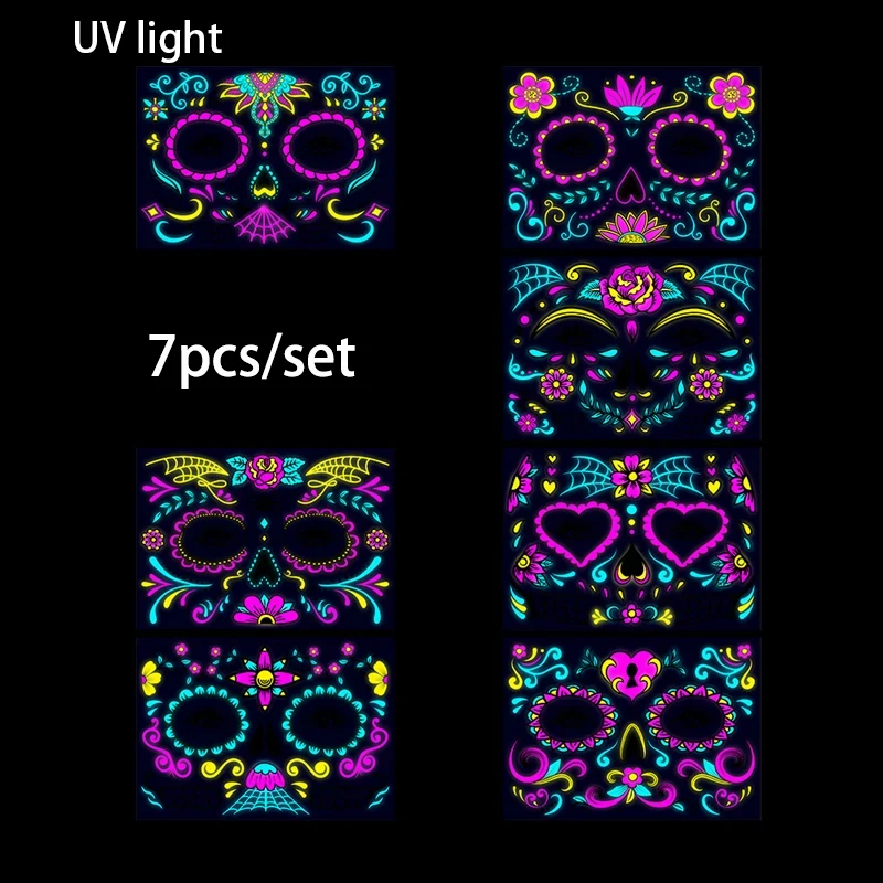 Day of the Dead Fluorescent Sticker Temporary Tattoos Waterproof Skin Tattoos for Face Party Music Concert Bar Halloween Tattoo