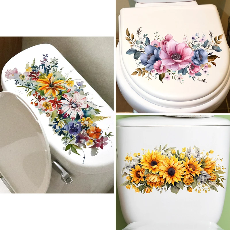 Latest Toilet Sticker Flower Sticker Bathroom Self-adhesive Painting Waterproof Sticker Toilet Cover Bathroom Wall Sticker