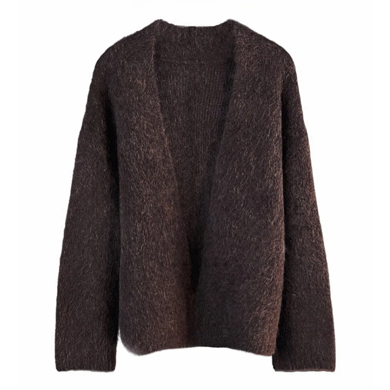 BAHTLEE-cardigan feminino de mohair suéter de malha com decote em V sólido casaco de mangas compridas manter aquecido