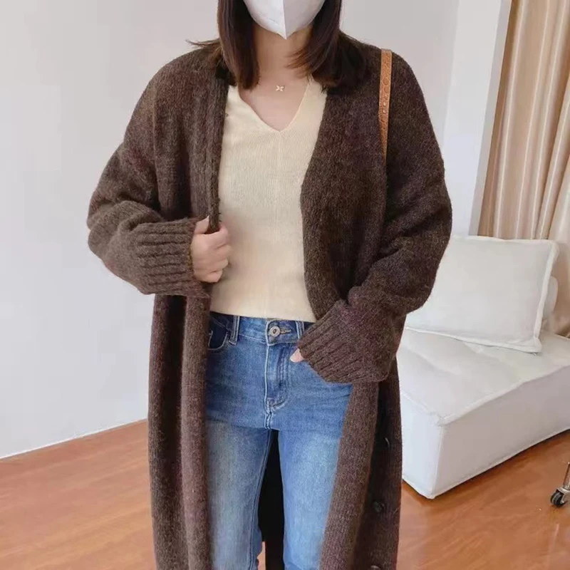 V-neck Long Sleeved Sweater Knit Cardigan Long Coat Casual Solid High Street Autumn Winter Diagonal Buckle Warm Women Clothing