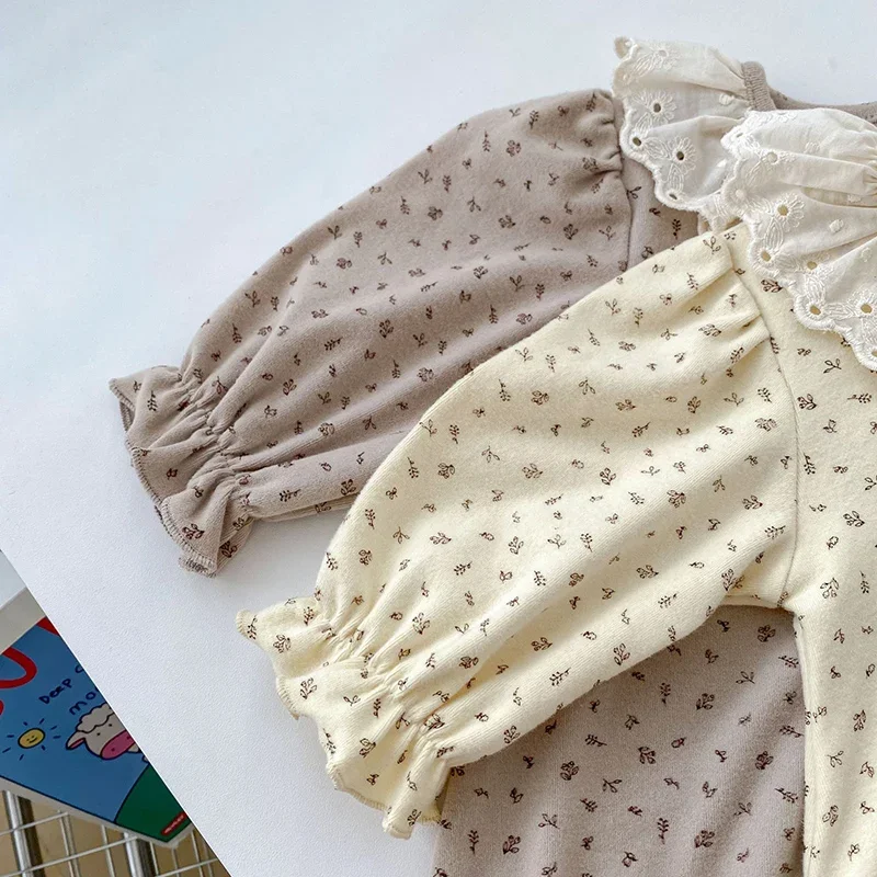 2024 New Autumn Newborn Baby Girls Bodysuits Long Sleeved Cotton Flower Print Korean Style Climbing Suit 0-24M Children Clothes