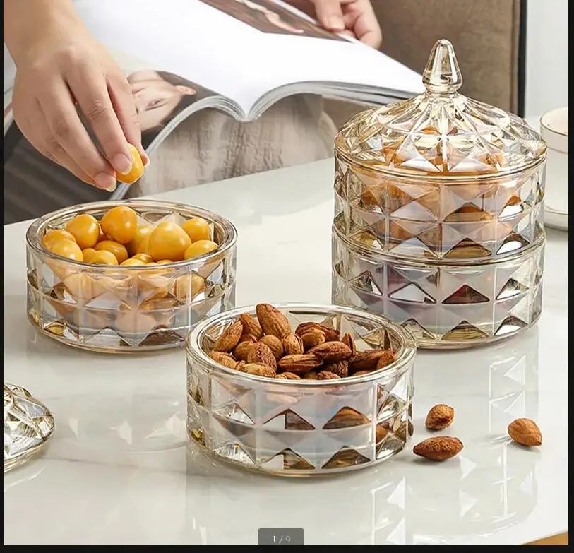 Glass Candy Jar Multi-layer Storage Food Box Crystal with Cover Transparent Snack Bowl Dried Fruit