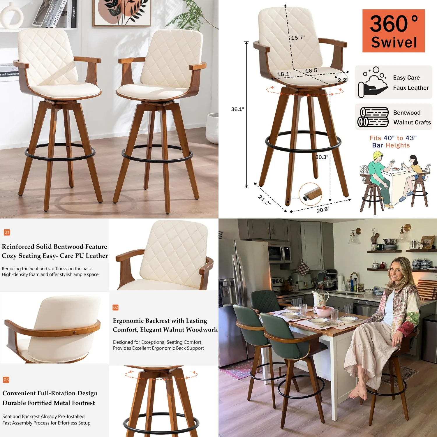 

29" Swivel Bar Stools Set 2 Mid Century Walnut Curved Back Arm Upholstered Seat Kitchen Island Pub Cafe Customized
