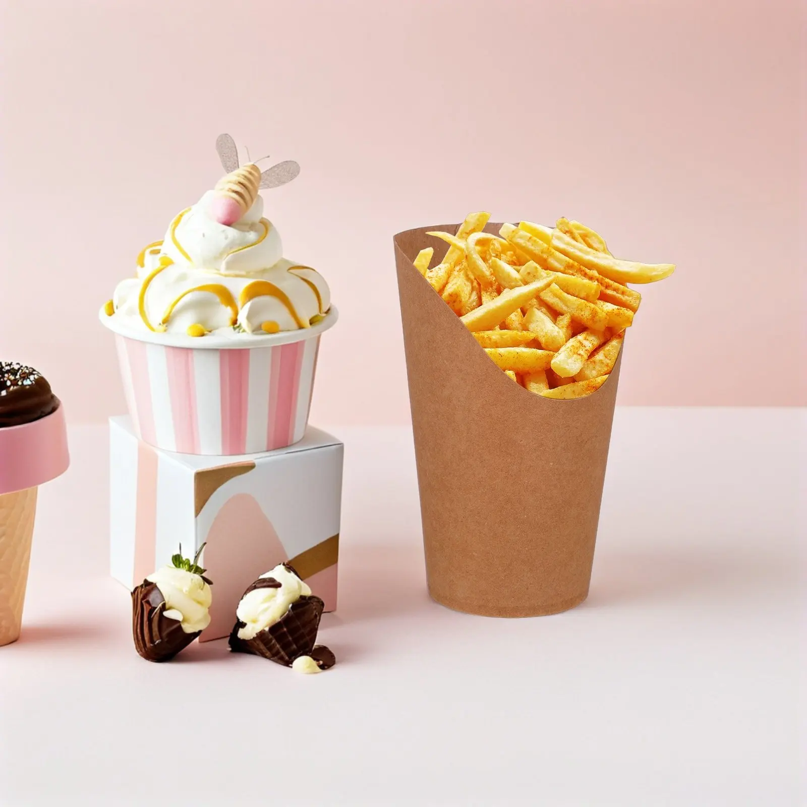 1Set Thick Kraft Paper French Fry Cups 12Oz Individual Packaged Disposable Snack Containers for Parties Catering Popcorn